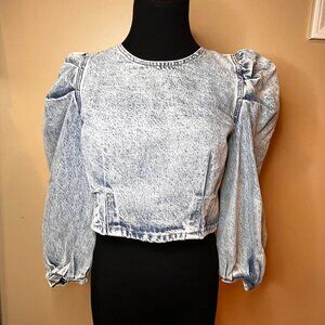 Zara Denim Cropped Top Women SZ M Cowgirlcore Puff Sleeves Back Zip Festival